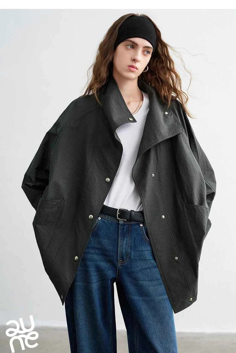 TOYOUTH Women's 2026 Spring New Loose Stand-Collar Utility-Style Lightweight Jacket Coat with Slub Wrinkle Texture
