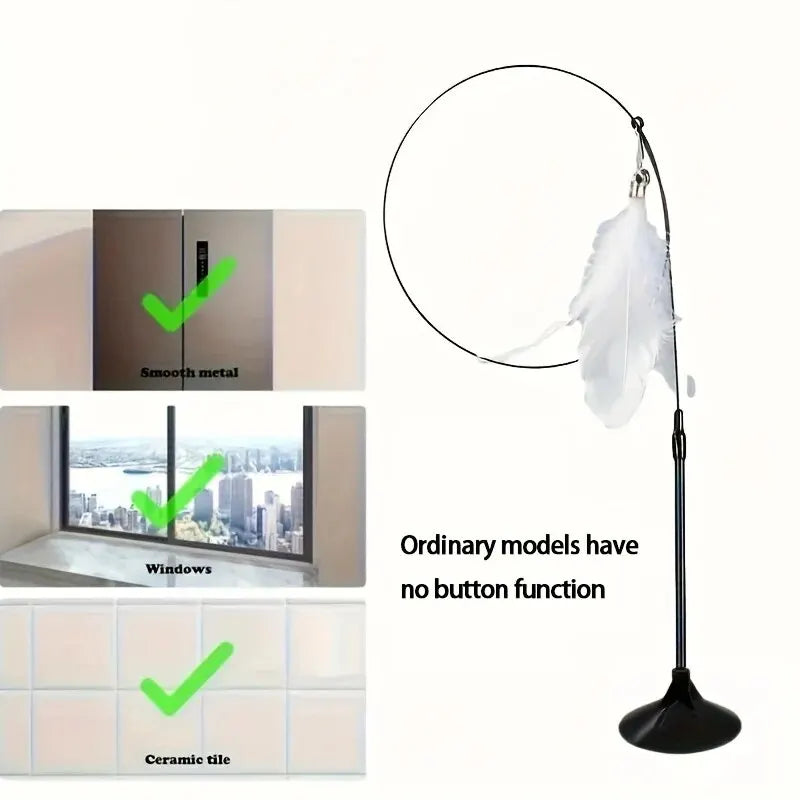 White Normal Color Cat Feather Teaser Wand With Bell And Suction Cup Base
