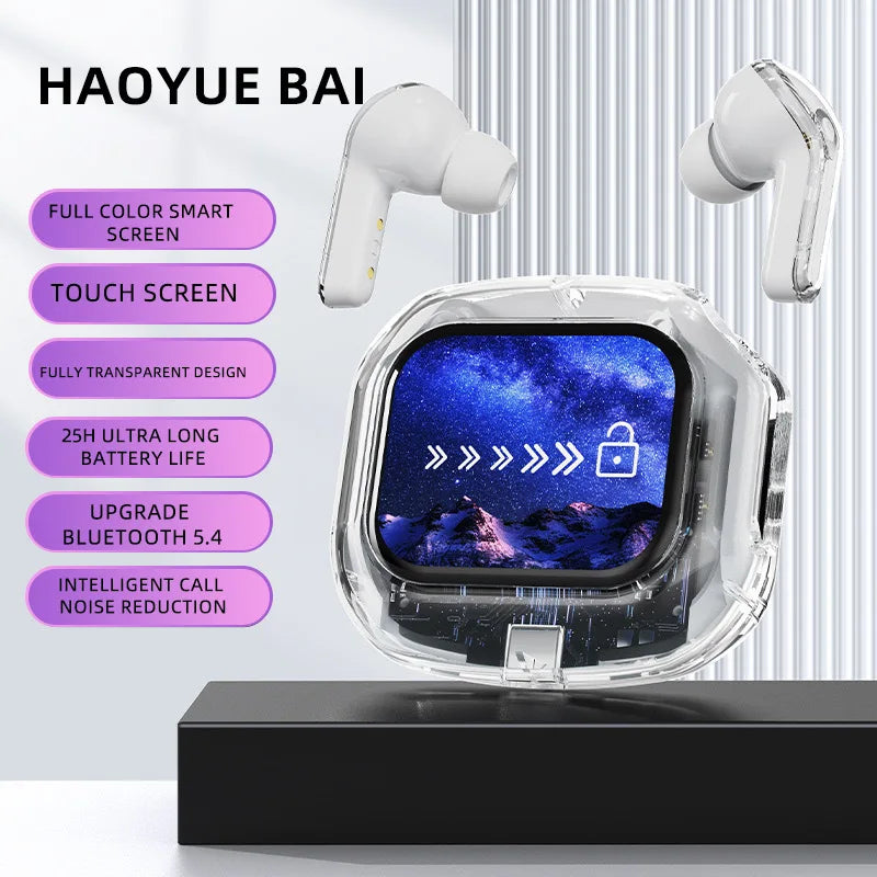 white Color TWS Bluetooth Earbuds With LCD Screen And Noise Cancellation
