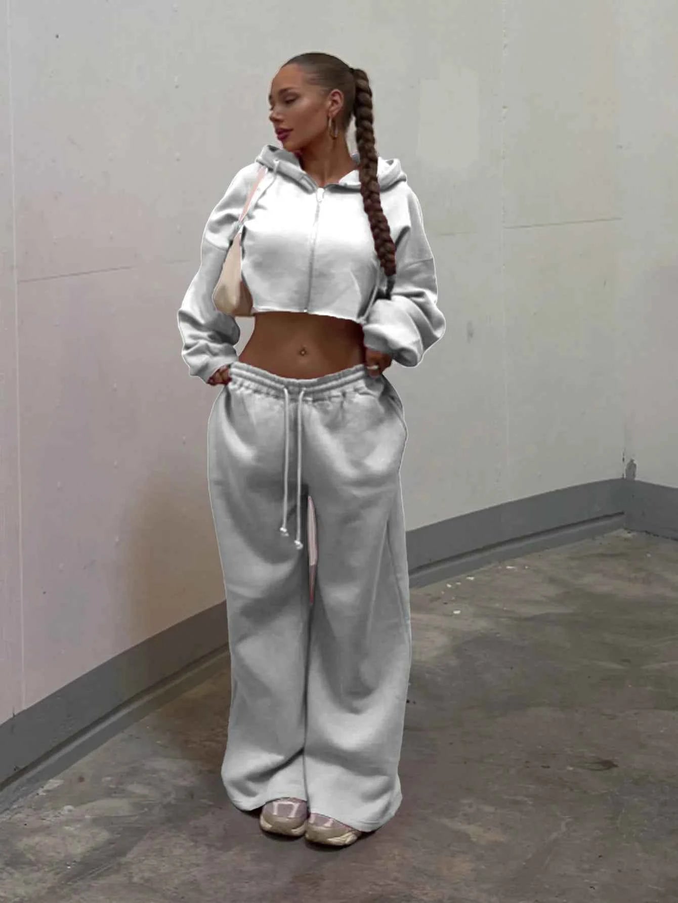 Women Hooded Zip-up Cropped Sweatshirt and Long Pants 2 Piece Sets 2025 Autumn Casual Hoodies Sweatpants Suit Tracksuits