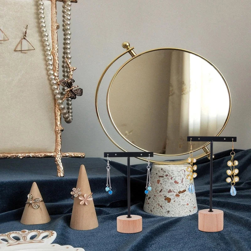 Metal T Bar Earring Display Stand Jewelry Stand with Wooden Round Base Earring Hanging Holders Jewelry Organizer