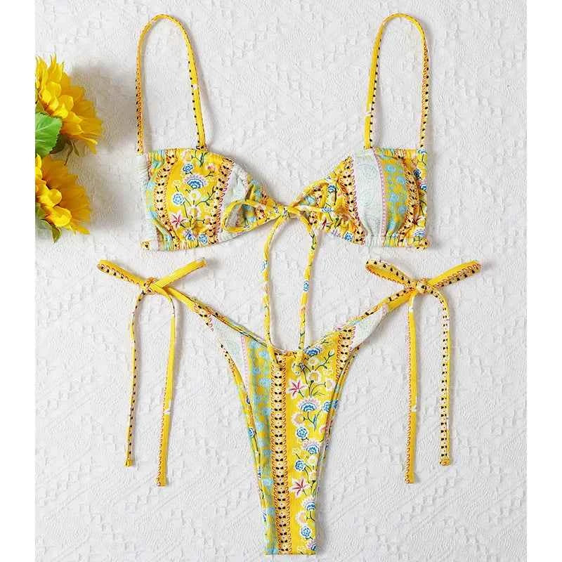 BIQIUYYI New Floral Print String Bandage Bikinis Triangle Cup Push Up Swimsuit Women Bathing Suit Beachwear Halter Swimwear XS