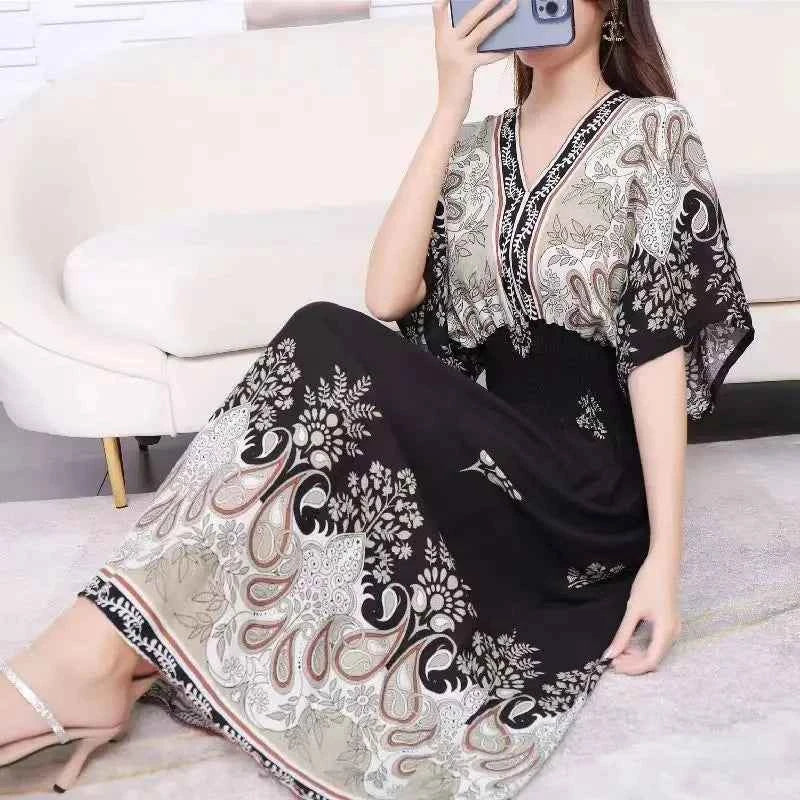 Colorful Flower V-neck Elastic Youthful Bohemian Sweet Midi Dress Woman Clothes Chic Fashion Summer Dresses 2025 Large Swing Ski