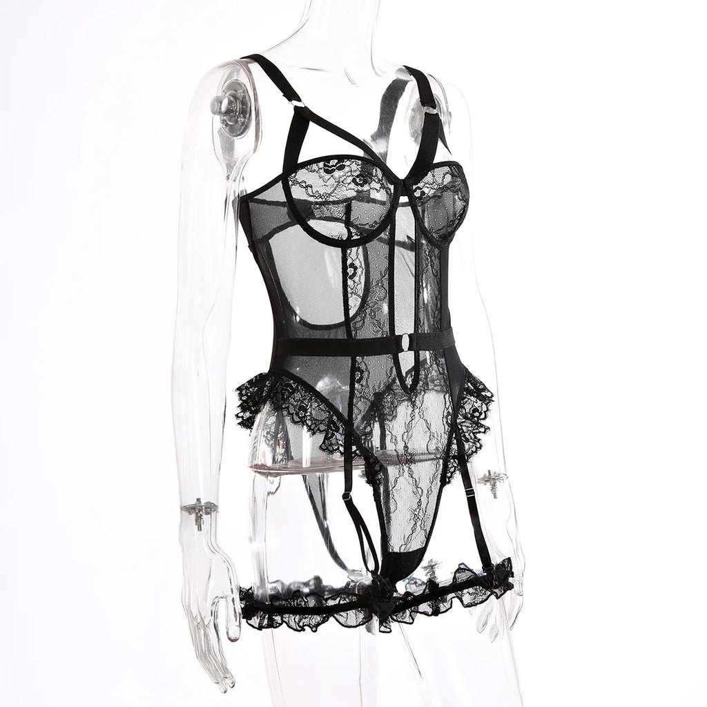 Pink Embroidery Floral Backless Sexy Mesh Sheer See Through One-piece Rompers Women Sexy Lingerie Slim Bodysuit Female Clubwear