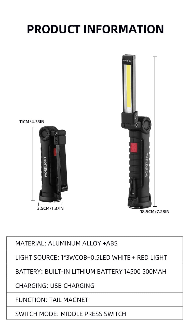 Portable COB LED Flashlight USB Rechargeable Work Light Magnetic Lanterna Hanging Lamp with Built-in Battery Camping Torch