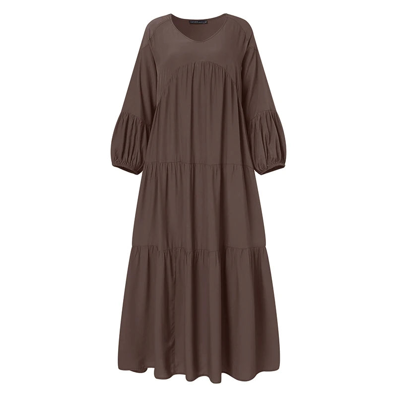 ZANZEA Vintage Ruffle Dress Women's Spring Sundress Casual Puff Sleeve Maxi Vestidos Female V Neck Robe Elegant Long Dresses