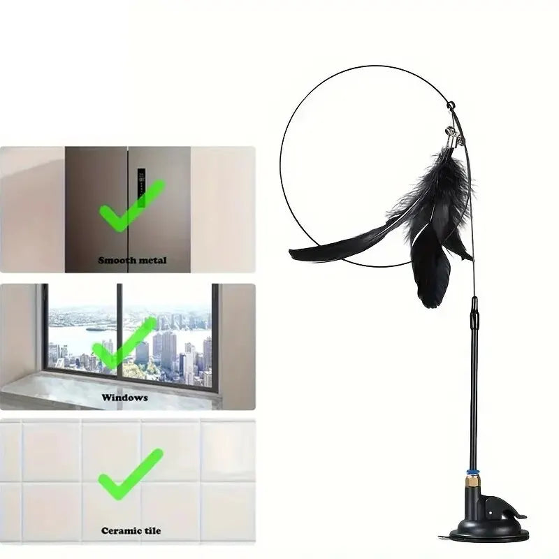 Black Enhanced Color Cat Feather Teaser Wand With Bell And Suction Cup Base