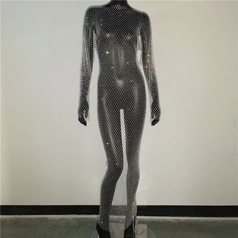 Y2K Sexy Shiny Rhinestones Grid Fishnet Dress Long Sleeve Hollow Out Side Slit Dress Beach Cover Up Breathable Lady Vestidos