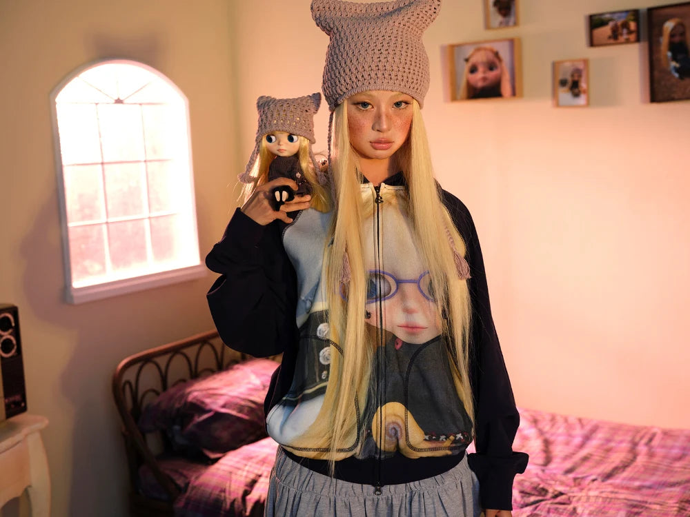 COY Big eye doll digital print hooded open jacket hoodie design sense coat