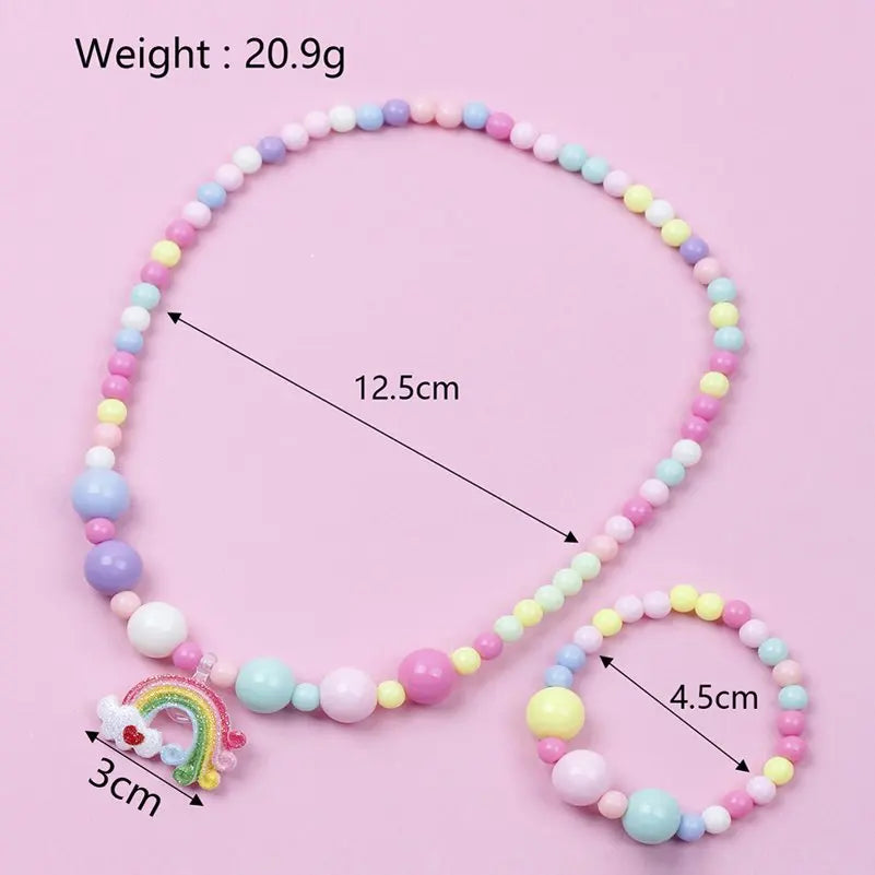 2pcs Colorful Cartoon Unicorn Flower Animal Child Sweater Necklace Bracelet Girl's Gifts Children's Jewelry Kids Toys