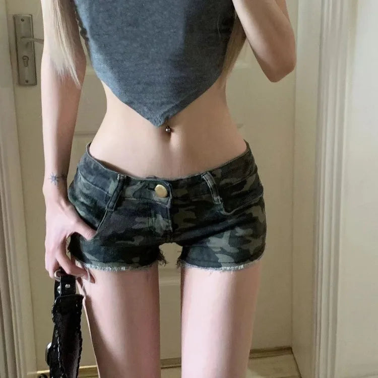 Vintage Sexy Camouflage Denim Shorts 2026 Summer New Straight Jeans for Women Y2k Grunge Low-waisted Bodycon Ropa Mujer