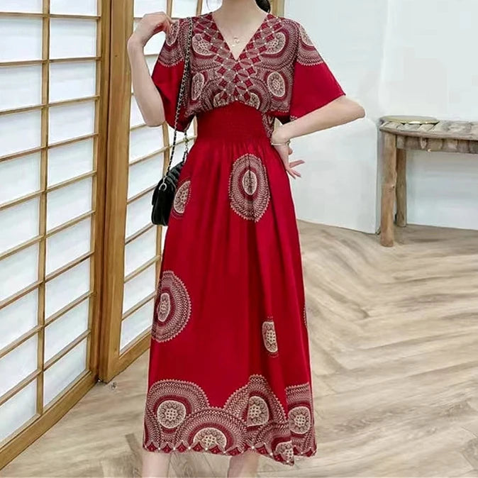 Colorful Flower V-neck Elastic Youthful Bohemian Sweet Midi Dress Woman Clothes Chic Fashion Summer Dresses 2025 Large Swing Ski