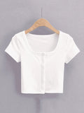 Women Rib Button Through Short Sleeve Top