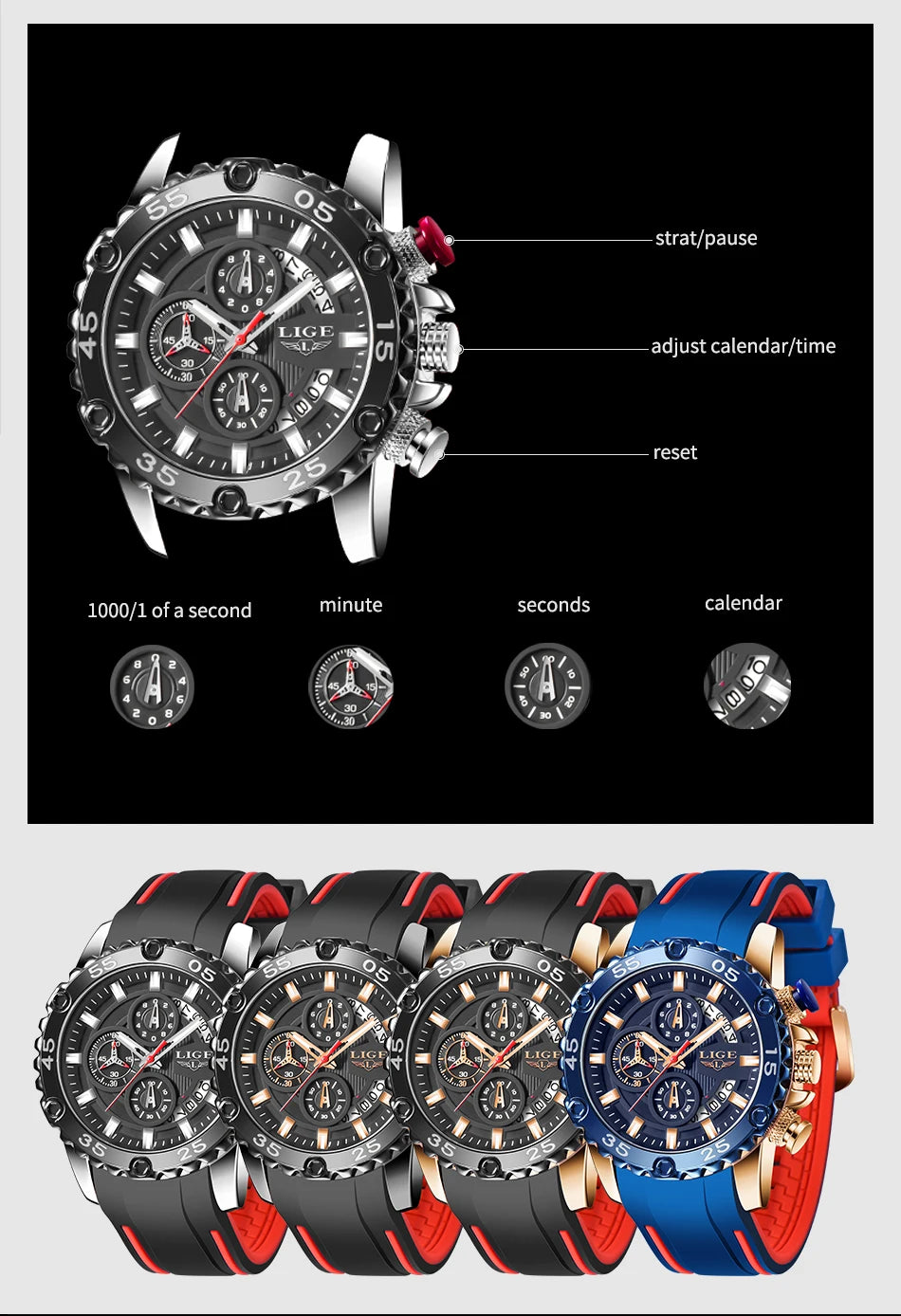 New Blue Watch LIGE Mens Watches Top Brand Luxury Big Dial Military Clock Quartz Watch Waterproof Sport Chronograph Erkek Saati