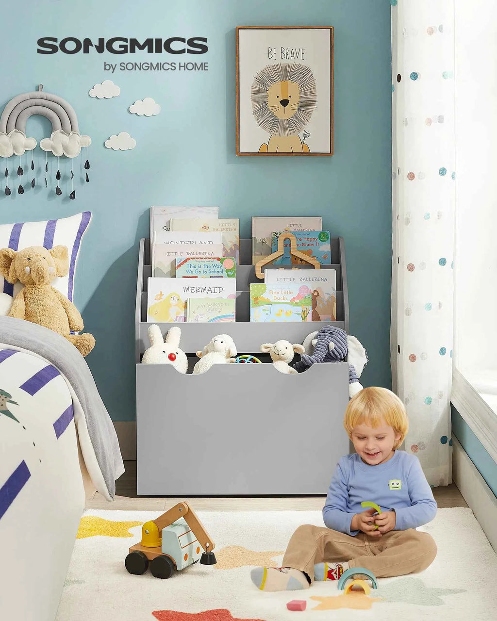 SONGMICS Kids Bookshelf and Toy Organiser, Toy Storage Chest and Bookcase with 3 Shelves, Storage Box with Wheels, Multipurpose
