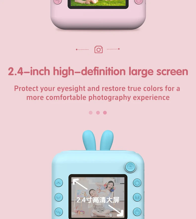 Kids Photo Camera Printer with Game Cute Bunny Mini Digital Video Child Instant Print Camera 4-12 Years Kids Girls Boyes Gifts