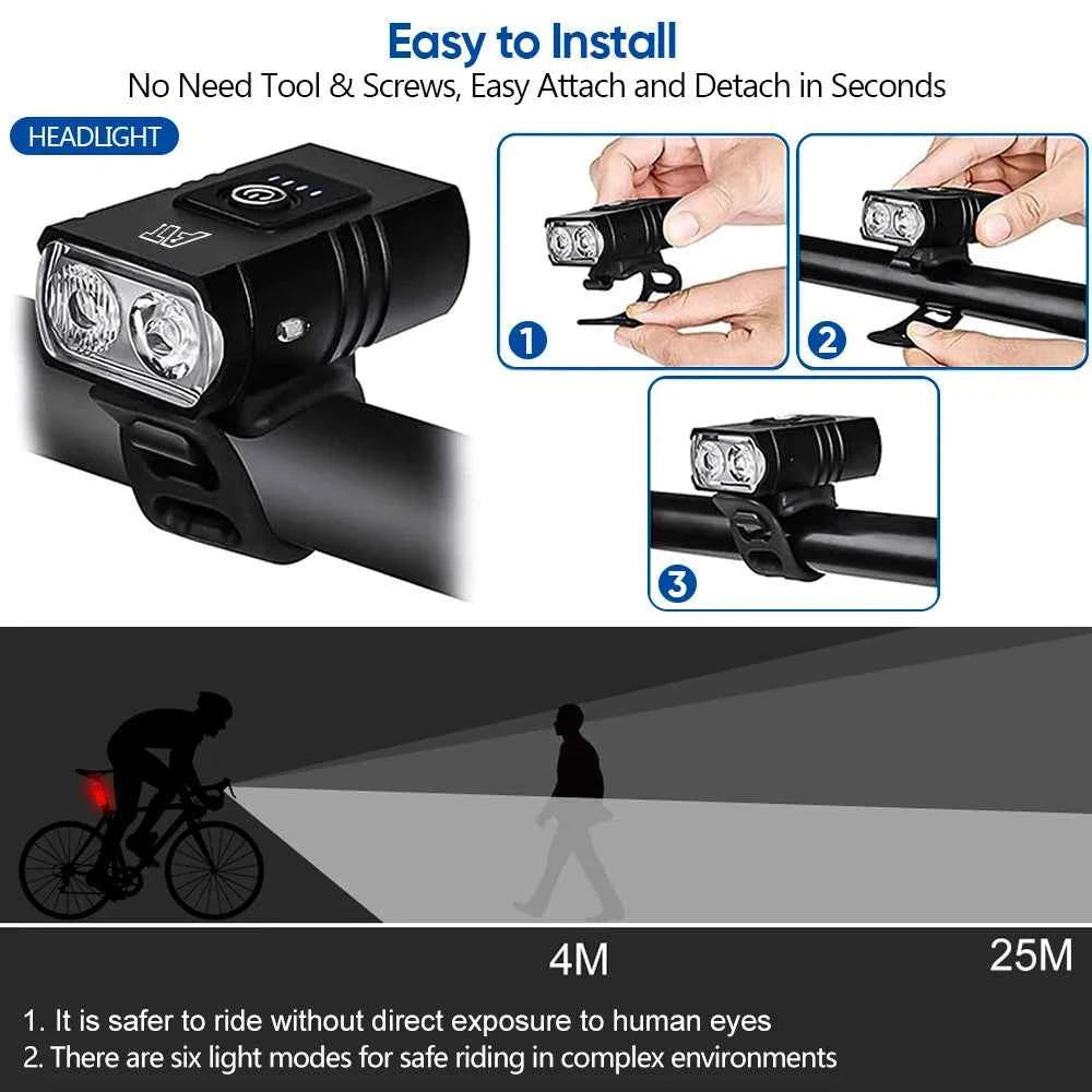 Bicycle Light T6 LED Bike Front Lamp 6 Modes Cycling Lantern Type-C Rechargeable MTB Bike Headlight Flashlight for Night Riding