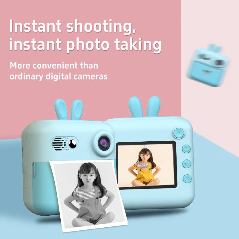 Kids Photo Camera Printer with Game Cute Bunny Mini Digital Video Child Instant Print Camera 4-12 Years Kids Girls Boyes Gifts
