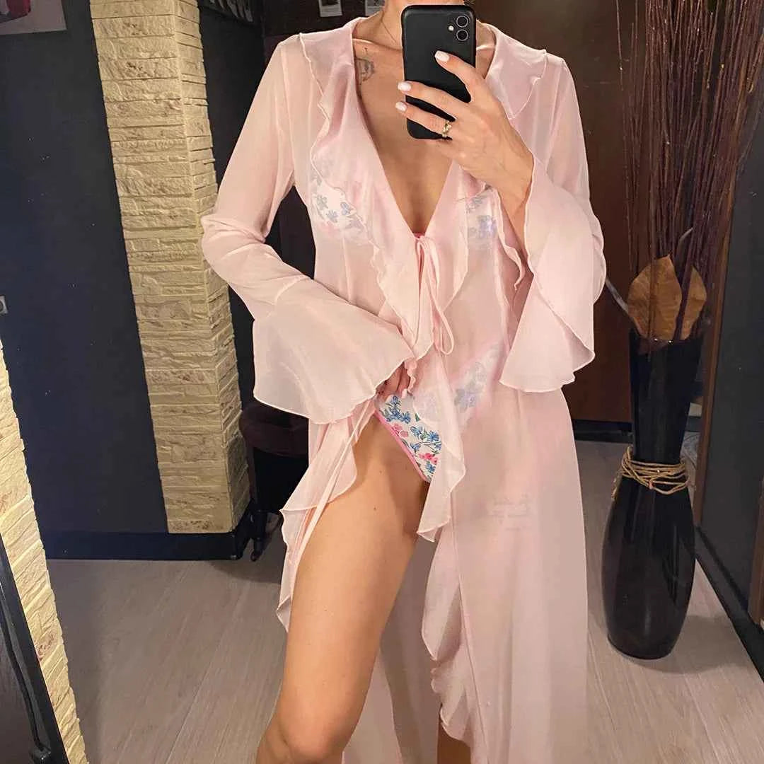 Women's V Neck Ruffled Long Sleeve Dress Chiffon Tunic Beach Cover Up Cover-ups Beach Dress Sunscreen Beachwear Vacation V5976B