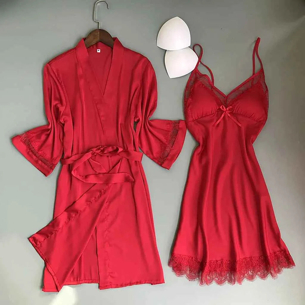 2pcs Women Pajamas Suit Silky Satin Nightgown Nightdress Set Lace Patchwork Lace-Up Women Bathrobe Sleepwear Set