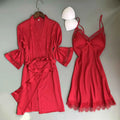 2pcs Women Pajamas Suit Silky Satin Nightgown Nightdress Set Lace Patchwork Lace-Up Women Bathrobe Sleepwear Set