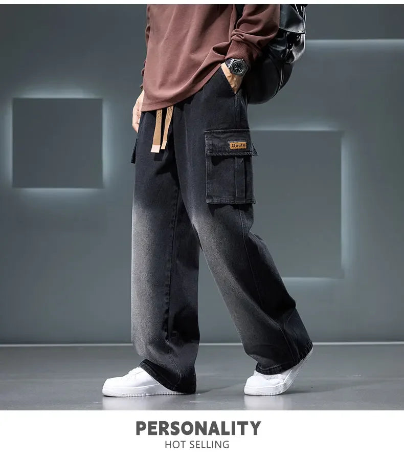 2026 New Wide Leg Washing Jean Pants Men Trousers Neutral Solid Color Loose Casual Fashion Pocket Cargo Pants Big Size 8XL