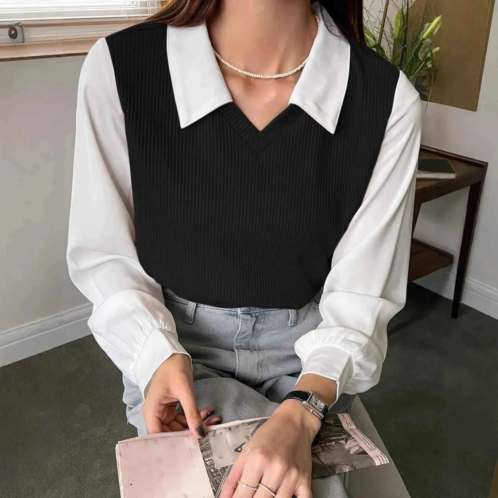 Summer Blouse Women Korean Style False Two-piece Polo Collar Blouses Y2k Tops Streetwear Loose Youth Pullovers Elegant Shirt