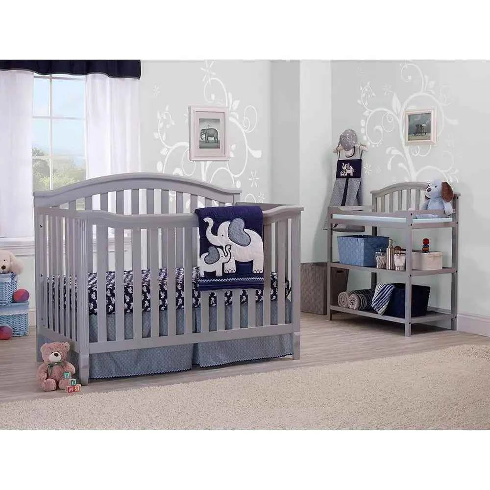 Convertible Crib with Slat Back, Diaper Changer, Wooden Toddler Bed, Gray Full-Size Nursery