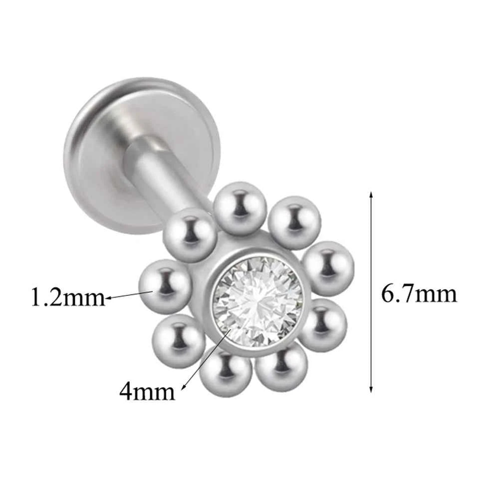 1PC Surgical Steel  Silver Color Labret Flat Base Ear Studs Crystal Cluster Helix Tragus Cartilage Piercing Jewelry 16G