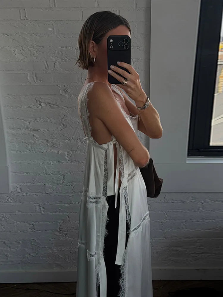 Sexy Solid Lace Patchwork Women's Dress Sleeveless Sling High Split Hollow Out Lady Dresses 2026 Summer Vacation Female Robe