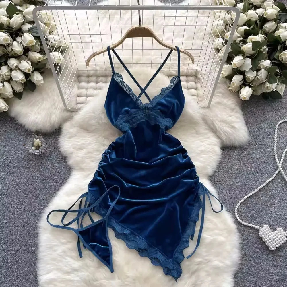 Summer Girls Sexy Hot Sweet Transparent Suspender Mini Dress Women Elastic Waist And Backless Strap Lolita Pajamas Bubble Skirt