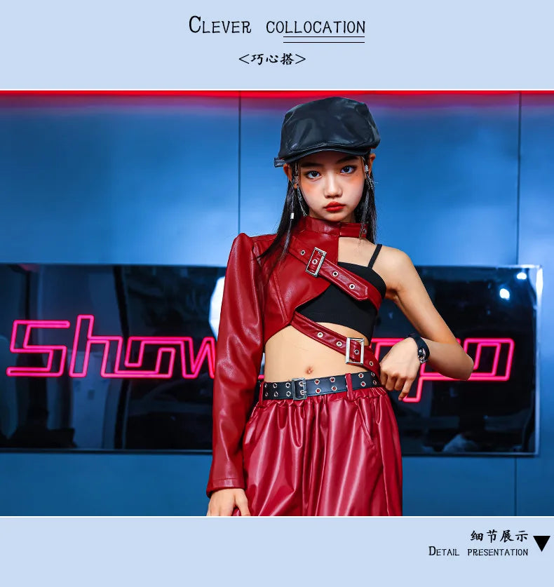 Kid Hip Hop Clothing T Shirt Crop Top Wine Red Arm Sleeve Faux Leather Casual Cargo Pants for Girl Jazz Dance Costumes Clothes