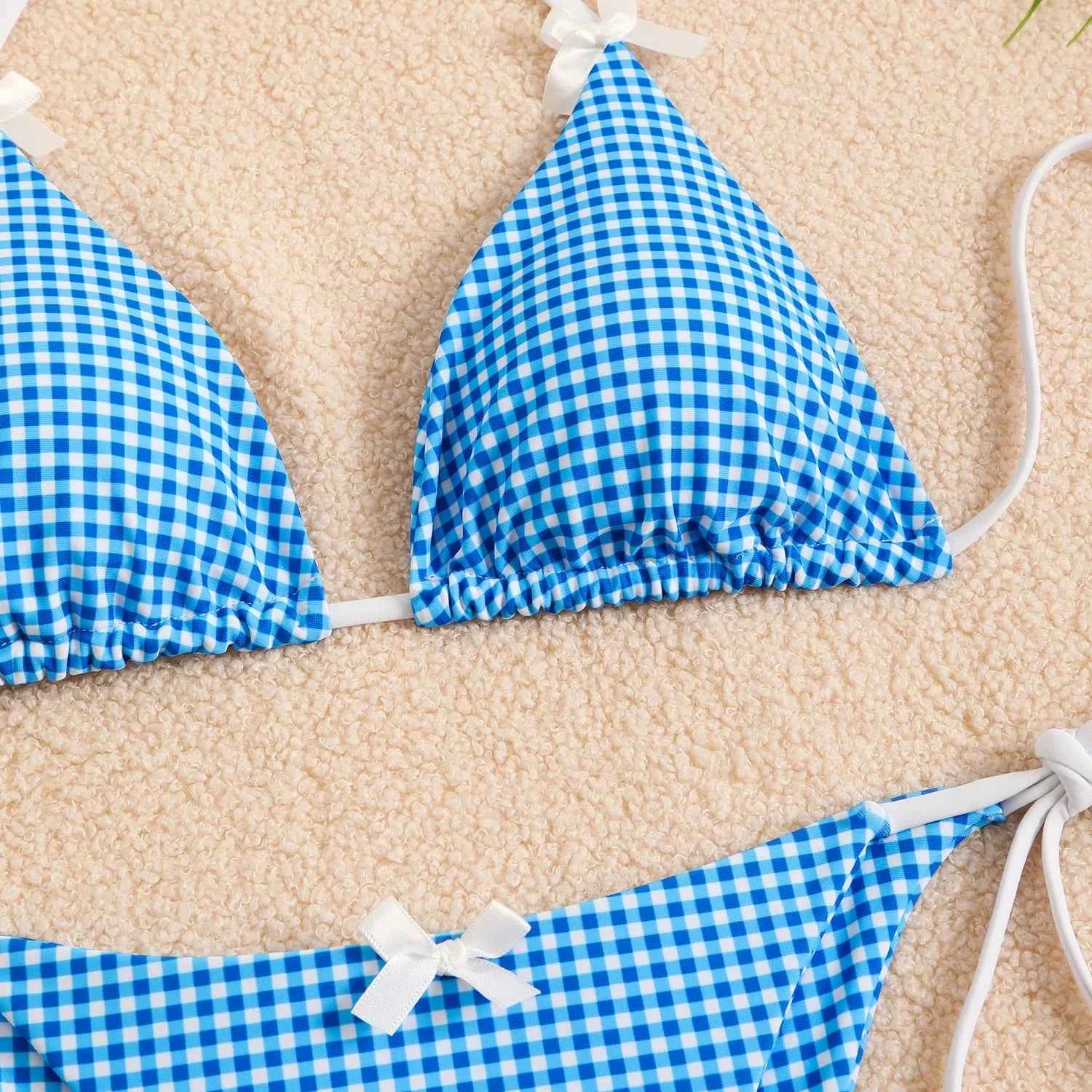 Circyy 2026 Bathing Suit Women Plaid Dot Split Swimsuit Neck-mounted Bow Tie Beachwear Vintage Simple Two-piece Bikinis Summer