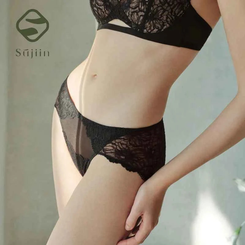 SUJIIN Sexy Lace Panties for Women Black Underwear Female French Mid Waist Breathable Antibacterial Brief Women's Intimates N204