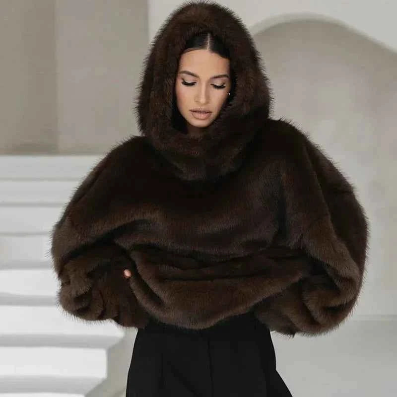 Women Solid Faux Fur Hooded Pullover Casual Full Sleeve Warm Loose Thick Tops Lady New Daily Chic Elegant Winter Outwear 2025