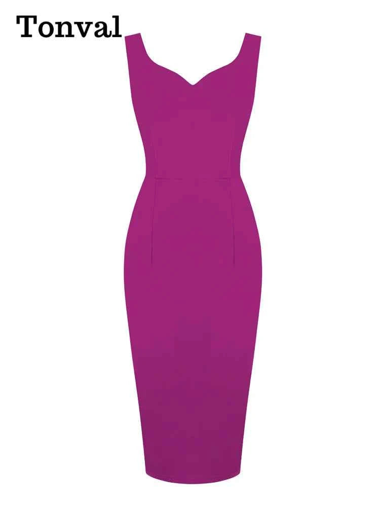 Tonval Sweetheart Neck Sleeveless Office Midi Pencil Dresses for Women 2023 Vintage Red Solid Elegant Slim Bodycon Dress