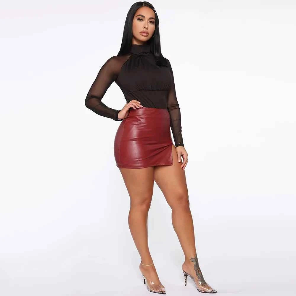 2025 Women Leather Night Clubwear Skirts Summer Pure Color PU-leather Zipper Sexy Hip Leather Mini Skirts
