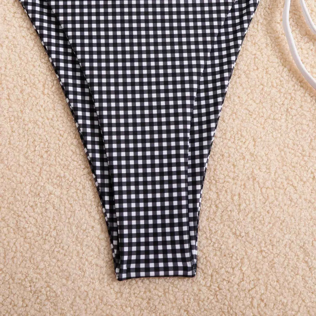 Circyy 2026 Bathing Suit Women Plaid Dot Split Swimsuit Neck-mounted Bow Tie Beachwear Vintage Simple Two-piece Bikinis Summer