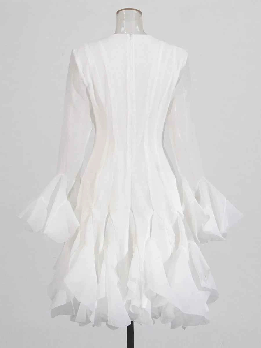 TWOTWINSTYLE Solid Spliced Button Slimming Dresses For Women O Neck Long Sleeve High Waist Patchwork Ruffles Female Fashion New