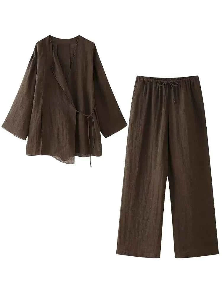 Willshela Women Fashion 2 Piece Set Solid Lace Up Shirts & Vintage Elastic Waist Trousers Feamle Chic Lady Pants Sets