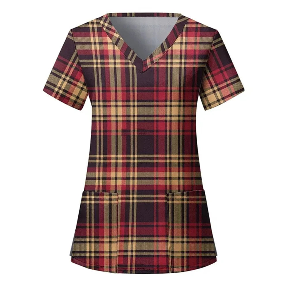 Womens Christmas Nurse T Shirt Print Short Sleeve V Neck Workwear With Pocket Working Nurse Work Wear Overalls Medical Uniforms