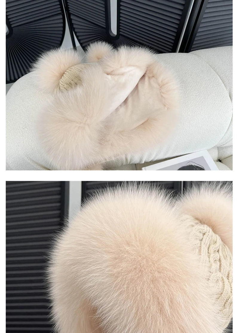 Winter Women Real Fox Fur Hat Fashion Casual Outdoor Warm Knitted Hats Girl Lovely 100% Natural Fox Fur Ear cap bomber caps