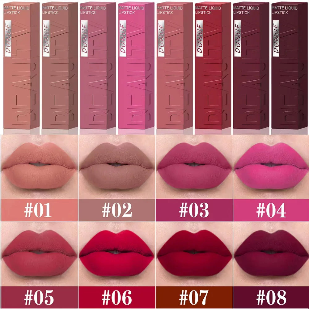 DUNUF  8-color matte velvet smooth easy-to-apply square tube lip gloss waterproof three-dimensional plumping lipstick