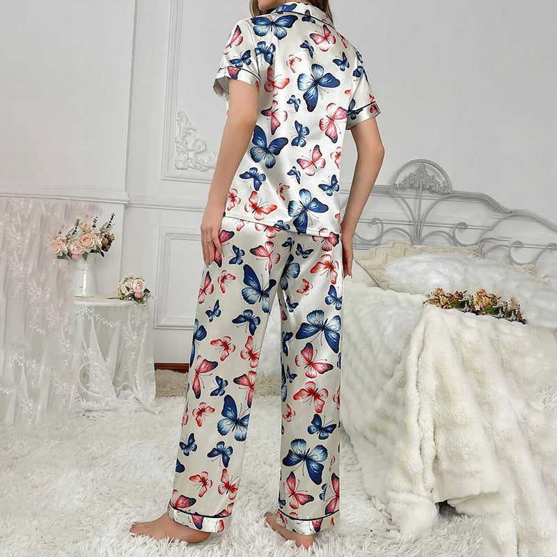 Women's Pajamas Sets Autumn Short Sleeve Buttons Top & Pants Sleepwear 2 Piece Button-Down Pj Set Homewear Satin Loungewear