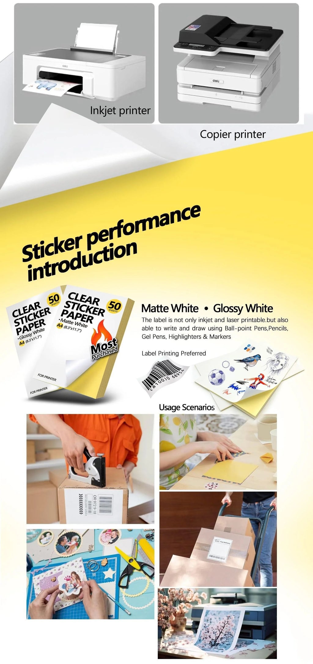 50 sheets Printing paper & A4 size stickers, suitable for laser printers and inkjet printers, self-adhesive printing paper