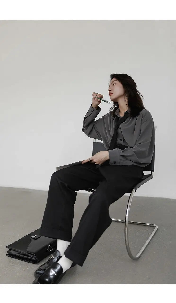 2026 Summer Women's Oversized Long Sleeve Blouse 2026 Summer New Arrival Tie Neck Shirt Loose Fit Office Elegant Fashion