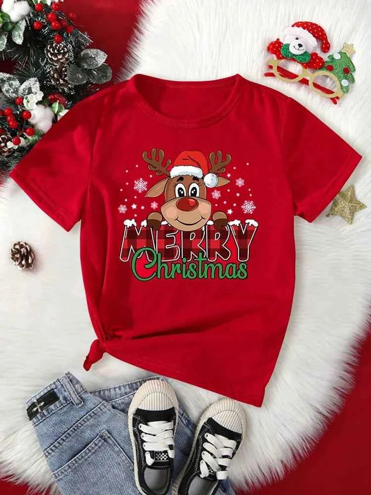Merry Christmas Cute Reindeer Print Red T-Shirts for Women Casual Short Sleeve O-neck T-Shirts Ladies Christmas Party Tops