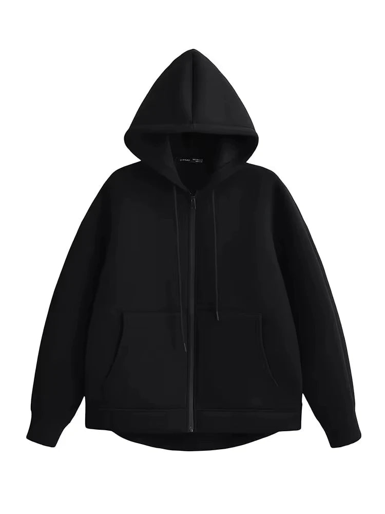 HH Winter New Women's Zipper Hoodie Coat High Street Double Pockets Jakcet Oversize Loose Sweatshirts Outerwear Top