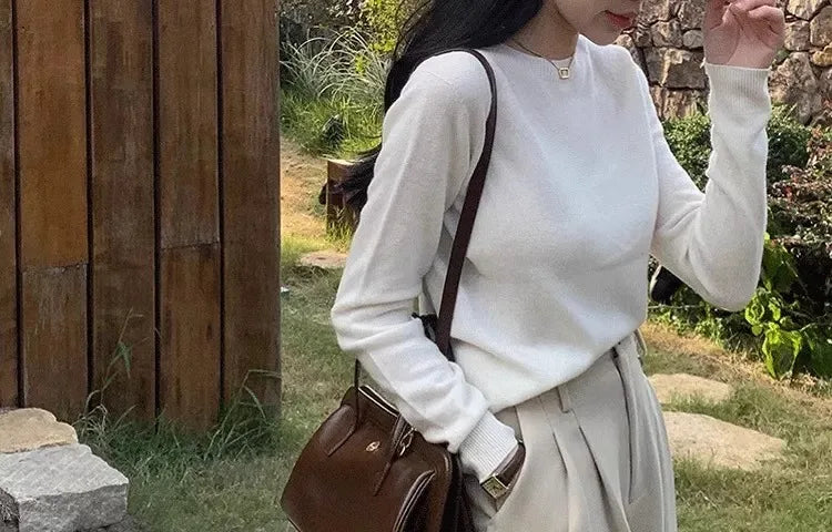 100% pure cashmere sweater women's round neck pullover long sleeve sweater loose short soft waxy knit bottom sweater