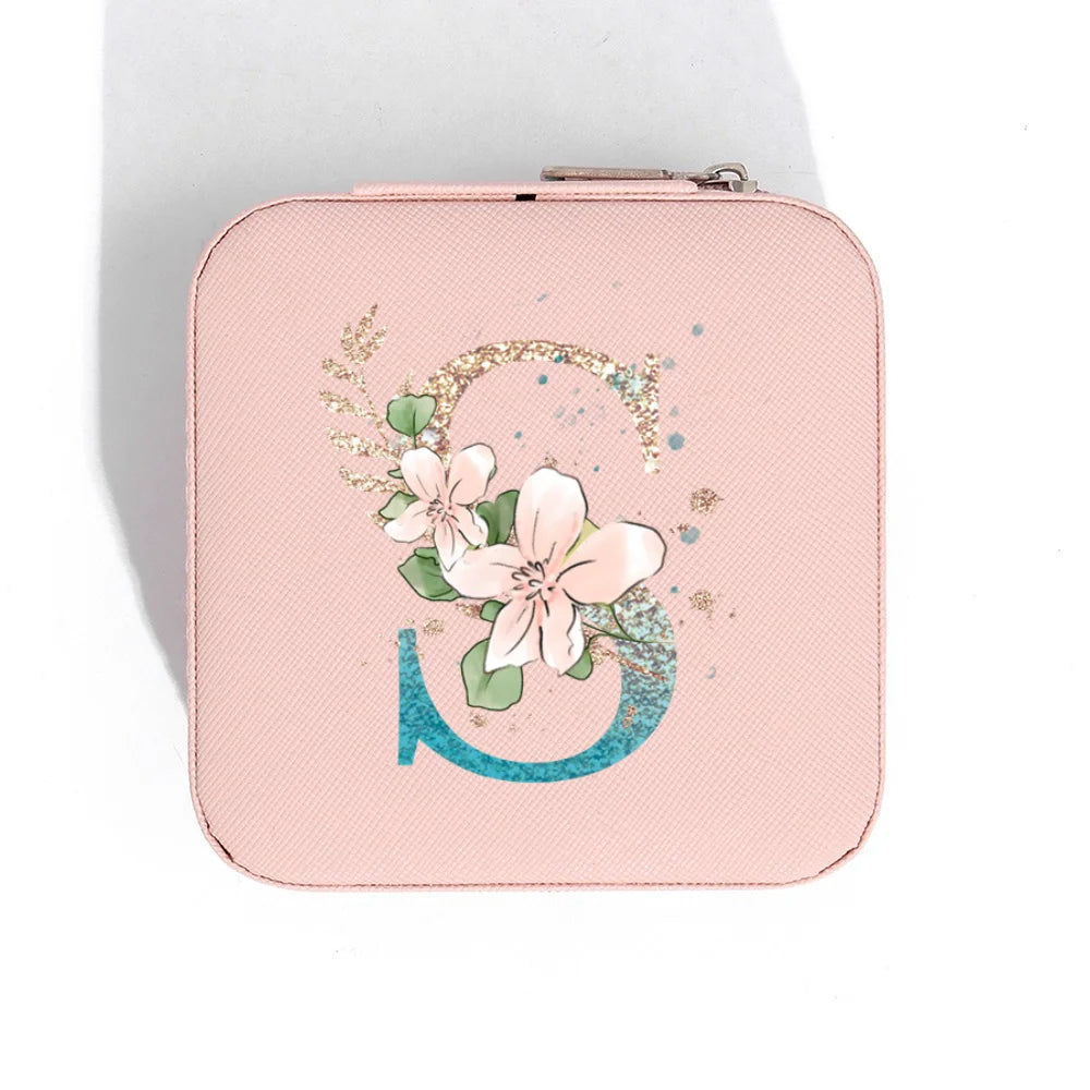 A-Z Alphabet Print Pink Travel Jewelry Organizer with Zipper Closure and Fabric Lining